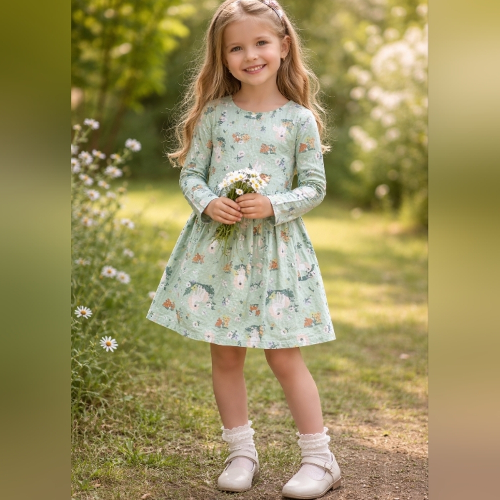 Adorable H&M long sleeve babydoll dress in a soft mint green w/whimsical bunny